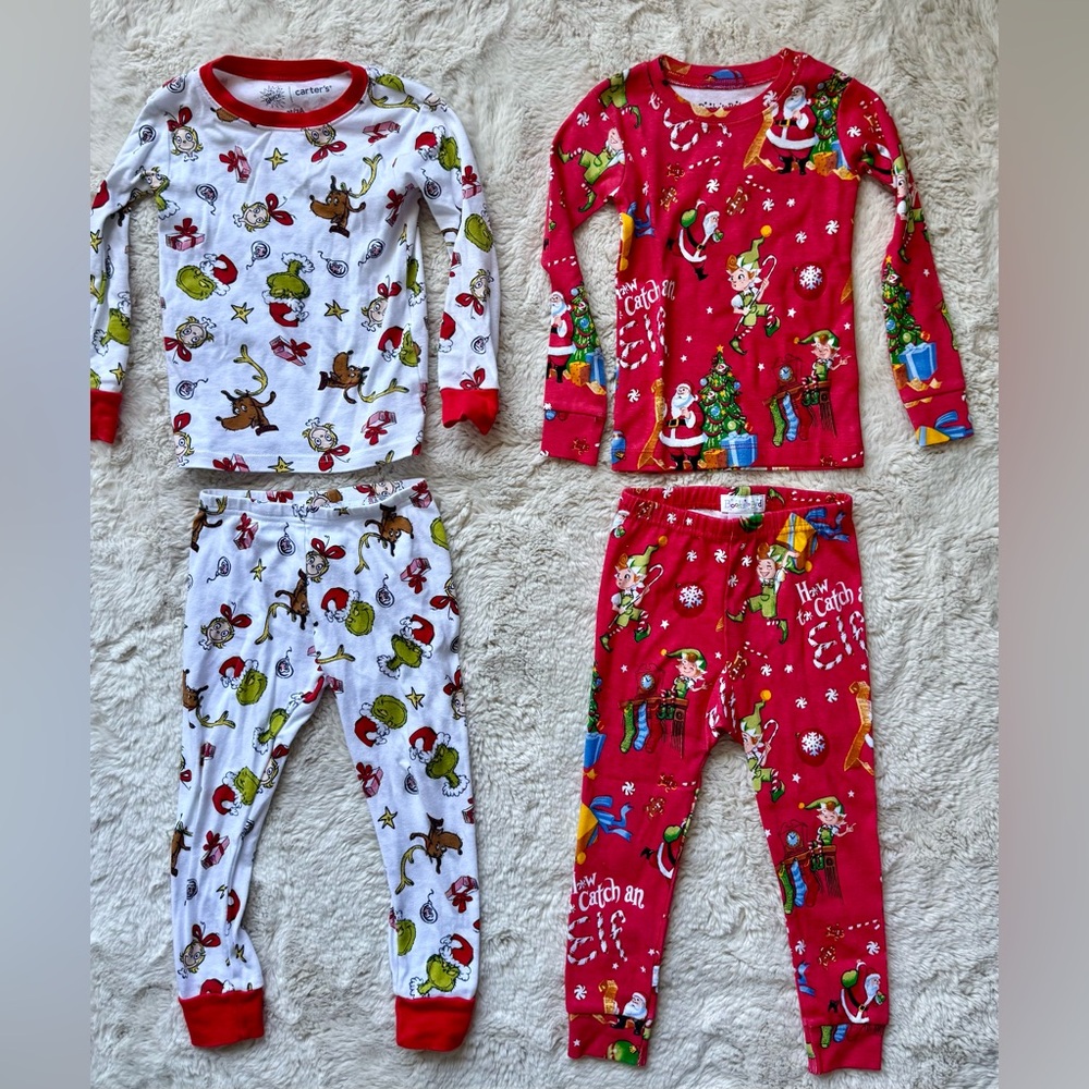 Bundle of 2 Christmas Grinch Elf Pajamas Matching Sets Size 3T Red and White